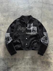 AXEPEAK Men's Washed Printed Jacket, Fashionable Lapel Casual Outerwear - Black - View 1