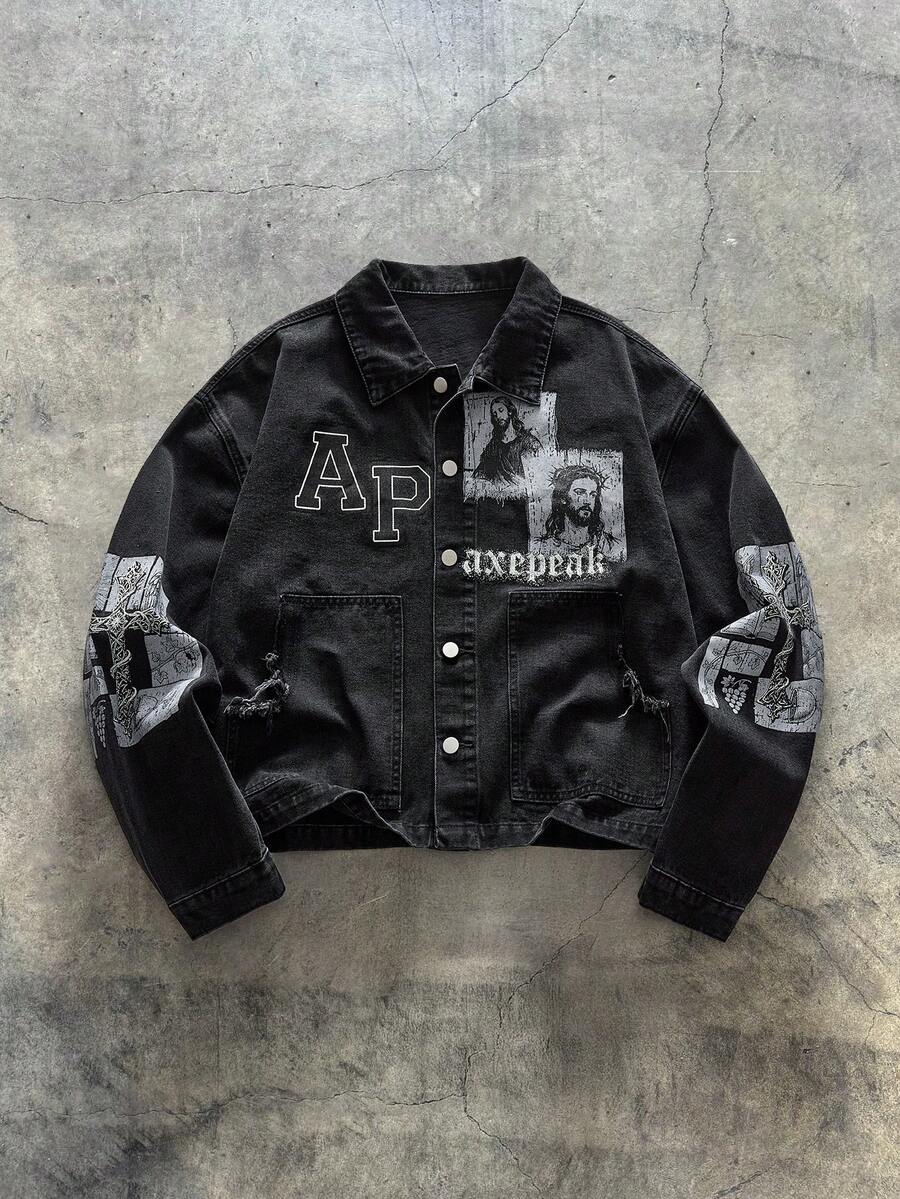 AXEPEAK Men's Washed Printed Jacket, Fashionable Lapel Casual Outerwear - Black - View 1