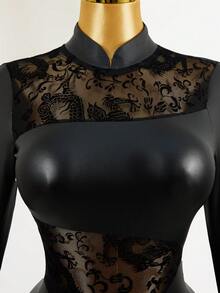 Mistrie 女士新款性感长袖PU拼接网纱龙图腾透视时尚连体衣连衣裙，适合秋冬季穿着 - 黑色 - 查看 5