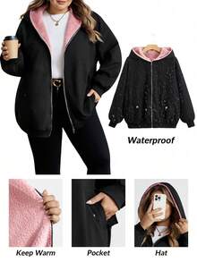 SHEIN CURVE+ Women's Plus Size Black Contrast Color Hooded Fuzzy Lined Jacket, Autumn/Winter Coat Winter Clothes For Women - Black - View 7