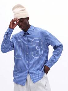 SUMWON 男士长袖纽扣条纹领衬衫，印花图案，常规版型，休闲工作办公春夏轻薄商务衬衫 - 藍白色 - 查看 4