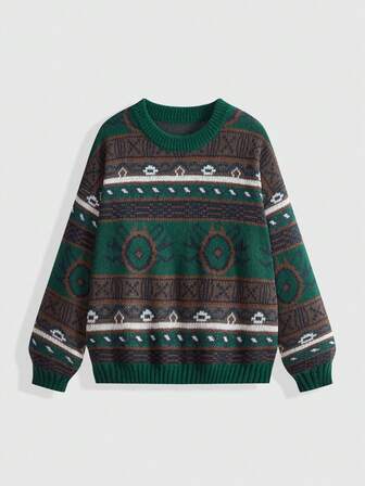 Fairycore Suéter de manga larga con cuello redondo de moda retro con estampado total