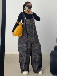 POPSWAY Plus Size Women Camo Strap Striped Contrast Color Pocket Casual Jumpsuit, Suitable For Street, Vacation, Date, Party