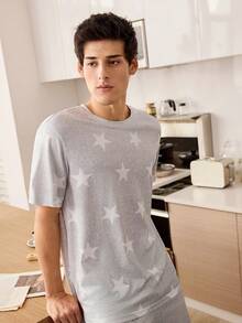 CoupledUp Men's Casual Star Print Crew Neck Short Sleeve Top And Shorts PJS Men Night Wear Couple Pjs Men Sleepwear Couple Matching PJS Summer Sleep Wear Sets - Light Grey - View 5