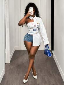 BamGleam 女士斜肩长袖修身不对称下摆衬衫 - 白色 - 查看 6