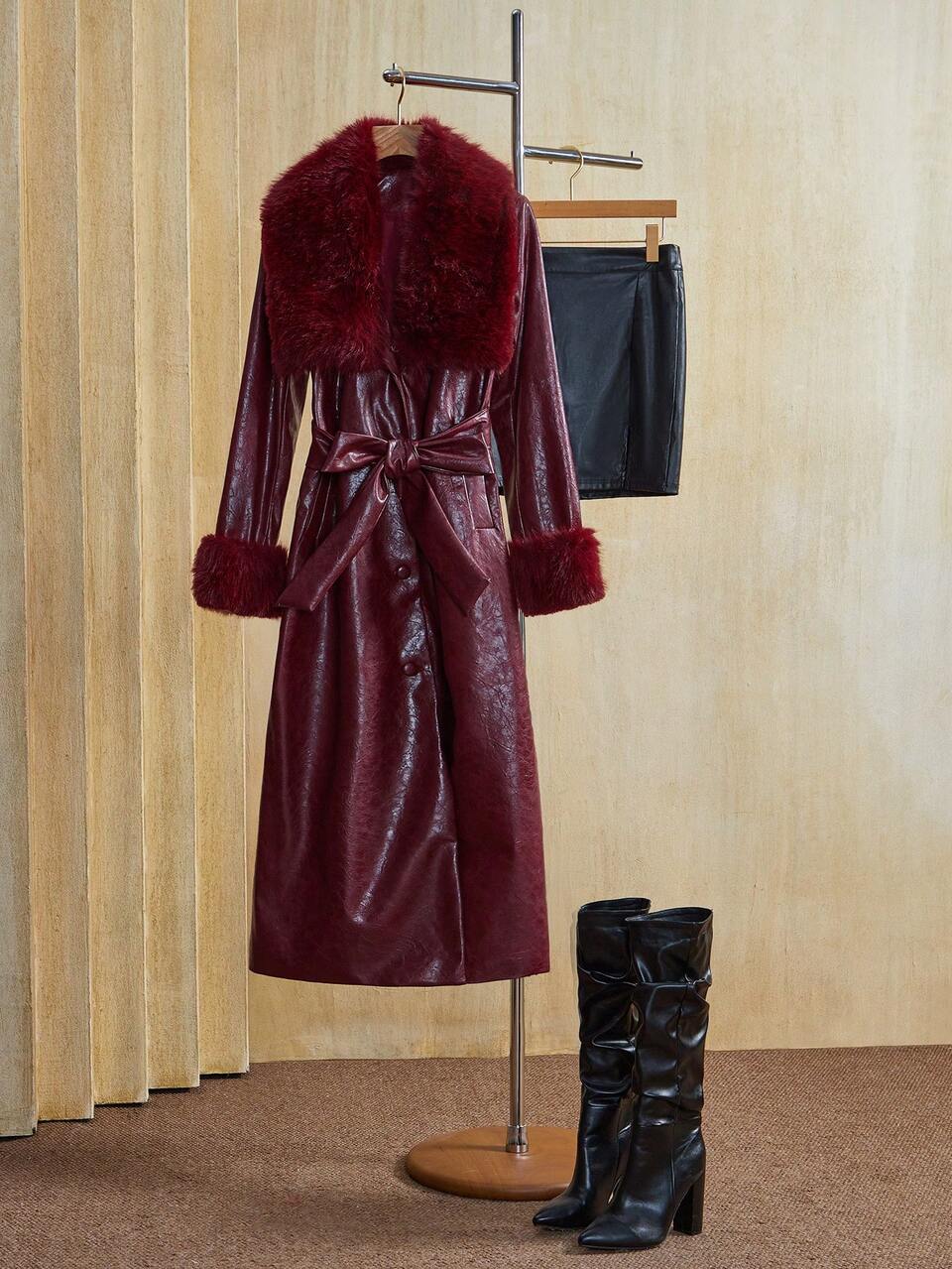 Women's Burgundy Faux Fur Patchwork Mid-Length Slim Fit Elegant Shaping PU Leather Coat, Suitable For Winter, Christmas And New Year Party