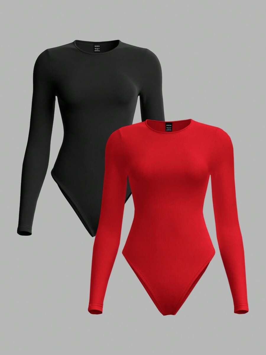 SHEIN BASICS 2件套休闲纯色针织圆领长袖连体衣，女士 - 紅色 - 查看 1