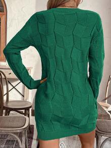 EMERY ROSE 女士宽松休闲圆领落肩长袖针织毛衣连衣裙，秋冬款 - 綠色 - 查看 2