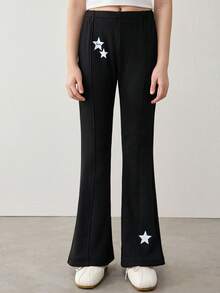 Tween Girl Casual Black Winter School Pants,Star Decorated Elastic Waist Double&Single Star Print Hem Micro Flared Velvet Sweatpants For Spring Autumn - Black - View 1