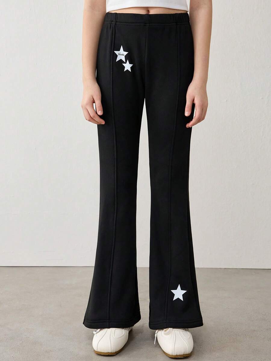 Tween Girl Casual Black Winter School Pants,Star Decorated Elastic Waist Double&Single Star Print Hem Micro Flared Velvet Sweatpants For Spring Autumn - Black - View 1
