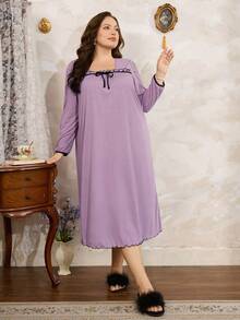 Côtesoire 大码女式浅灰紫色简约方领荷叶边灯笼袖柔软垂坠舒适针织面料中长连衣裙，休闲甜美家居服 - 淺灰紫 - 查看 6