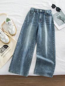 少女水钻装饰休闲牛仔裤 - 中等水洗藍 - 查看 6
