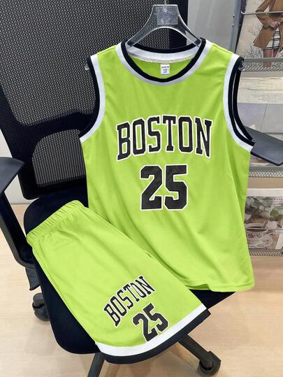 Bộ đồ thể thao dạo phố Tween Boy, áo ba lỗ cổ tròn lưới đan không tay và quần short, thích hợp cho hoạt động ngoài trời, thể thao, mùa xuân/hè