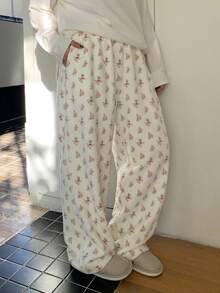 Dazy Plus Thermal Lined Loose Straight Leg Ditsy Floral Pajama Bottoms, Casual Sleepwear For Women Plus Size, Autumn/Winter - Apricot - View 6