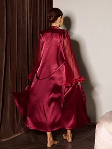 Slumberist Women's Satin Pajama Set, Side Splice Sexy Polka Dot Mesh V-Neck Nightgown, Robe Cuff Splice 3D Floral Lace - Burgundy - View 2