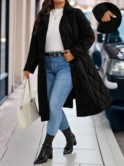 EMERY ROSE Plus Size Black Elegant Collar Waist Cinched Midi Length Flared Quilted Padded Coat