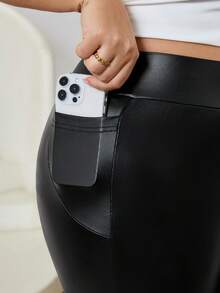 SHEIN CURVE+ Quần bó ống loe màu đen, chất liệu da PU thường ngày, đa năng, cỡ lớn dành cho nữ/2026/Năm mới - màu đen - Xem 8