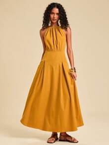 Travachic 女士纯色褶皱时尚吊带连衣裙，度假款 - 黃色 - 查看 6