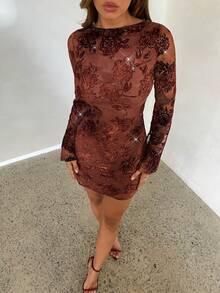 Aloruh 女士时尚黑白撞色长袖短裙 - 咖啡 - 查看 6