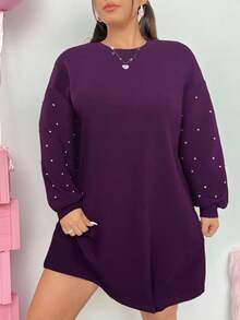 SHEIN EZwear 女士加大码落肩宽松黑色连衣裙 - 紫色 - 查看 4