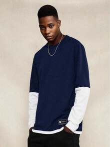 SHEIN Teen Boys' Colorblock 2 In 1 T-Shirt, Casual, Comfortable, Fashionable, Versatile, Soft Fabric, Suitable For Daily Wear, School, Travel, Outdoor Activities, Back To School, Autumn/Winter Blue Teen Shirts Long Sleeve Tops Boys Royal Blue And White Shirt Long Sleeve Shirts - Navy Blue - View 4