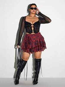 SHEIN ICON 大码女装 ICON 豹纹叠层中长裙 - 酒紅色 - 查看 3