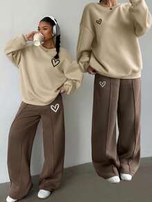 SHEIN 2pcs/Set Teen Girls Loose Fit Pullover Pullover Sweatshirt + Wide Leg Pants, Casual & Fashionable Everyday Wear - Brown - View 1