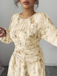 Modelyn Chiffon Butterfly Print Ruched Round Neck Long Sleeve Dress - Yellow - View 5