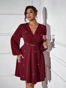Femmeverse Plus Size Women V-Neck Lantern Sleeve Metal Chain Decor Solid Color Fashion Dress - Burgundy - View 6