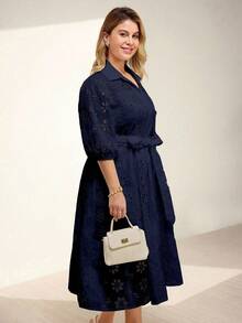 Momelise Plus Size Women Elegant Solid Color V-Neck Hollow Embroidery Lantern Sleeve Cardigan With Tie Waist Belt Long Dress - Navy Blue - View 6