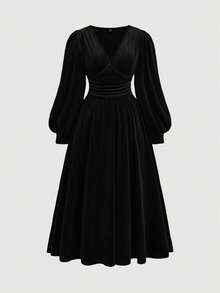 SHEIN CURVE+ Plus Size Velvet Cinched Waist Lantern Sleeve Midi Dress/Christmas Dress - Black - View 4