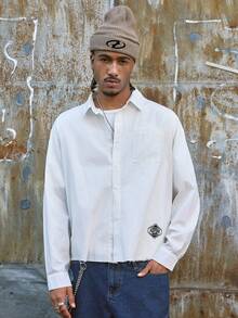 AXEPEAK Men's Solid Color Drop Shoulder Long Sleeve Button Front Casual Shirt, Summer - White - View 1