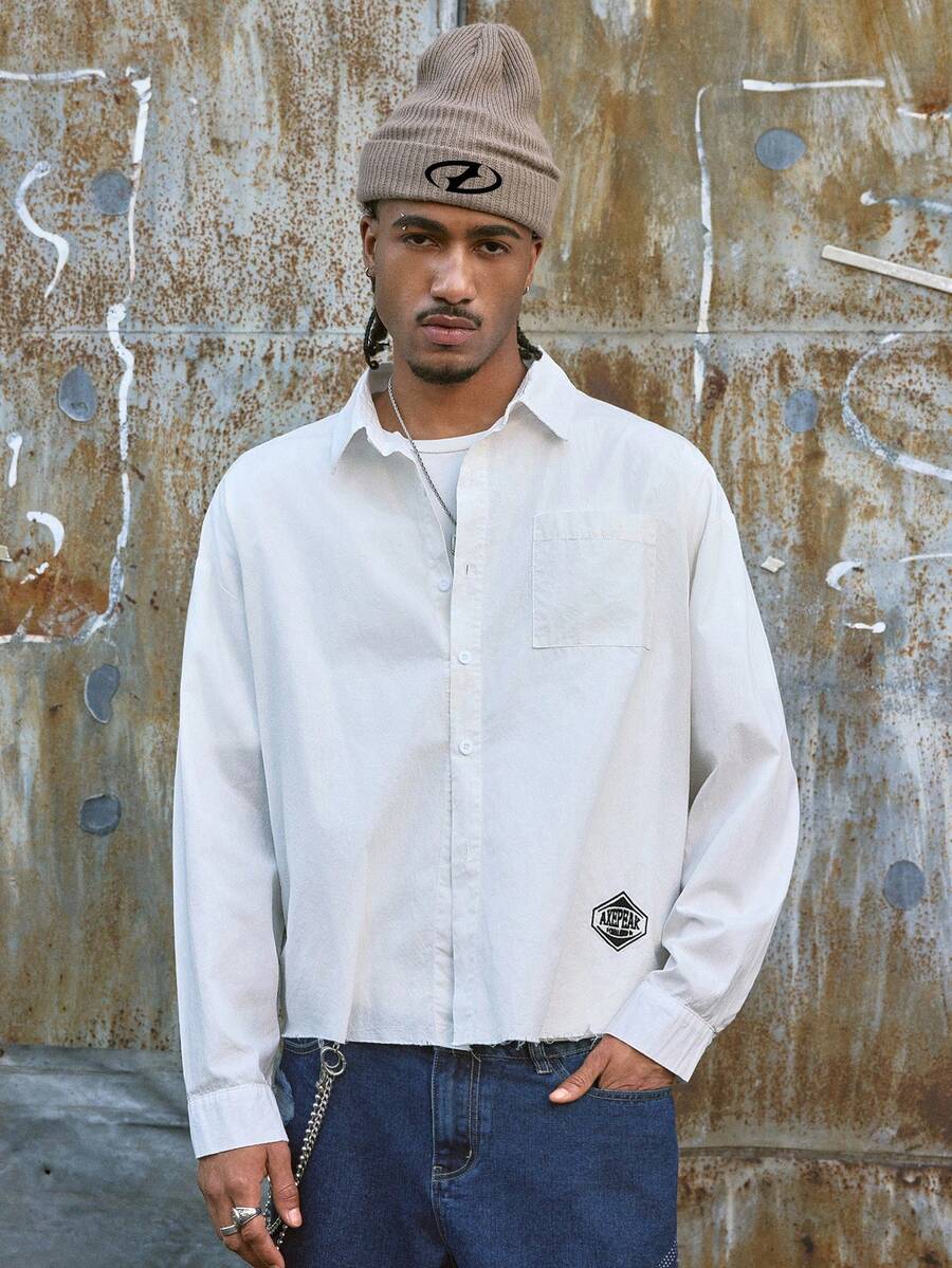 AXEPEAK Men's Solid Color Drop Shoulder Long Sleeve Button Front Casual Shirt, Summer - White - View 1