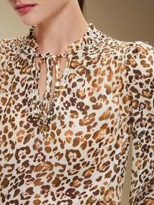 BizChic 2025 Autumn/Winter New Leopard Print Frill Trim V-Neck Blouse, Retro Chic Urban Commute Casual Romantic 90s Christmas New Year, Thanksgiving Elegant Party, Beach Graduation Fashion, Versatile Simple Romantic, Suitable For Wedding Guest, Host, Date, Party, Concert, Brunch, Airport, Multi-Occasion Leopard Print Shirt Leopard Print Tops - Multicolor - View 6