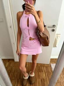 CovetEZ 2件組女款休閒純色針織高領上衣與低腰裙褲套裝 - 粉色 - 查看 7