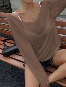 DAZY 女士宽松V领长袖薄纱休闲上衣，都市街头风T恤，Y2K春季款 - 棕色 - 查看 5
