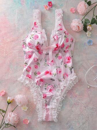 FloralLove Satin, Faille, Lace Patchwork Deep V-Neck Ruffle Hem Bow Tie All-Over Floral Print Crotch Snap Closure Romper, Romantic Countryside Style, Sexy Women