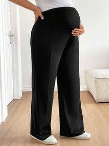 SHEIN 大码孕妇弹力腰带口袋休闲舒适裤 - 黑色 - 查看 6