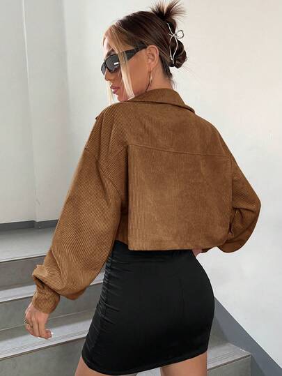 SHEIN EZwear 秋冬落肩翻领短款灯芯绒夹克
