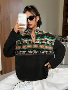 SHEIN EZwear 秋冬女式动物几何印花落肩羊毛衫、长袖上衣