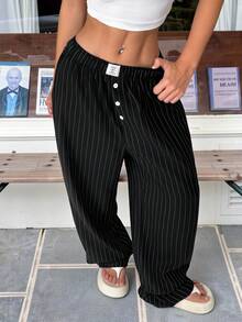 Muchica 女士休闲条纹阔腿裤 - 黑色 - 查看 3