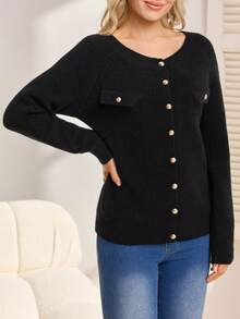 SHEIN Maternity Sweater,Black Autumn Elegant Formal Evening Everyday Fitted Style Metal Button Faux Pocket Wide Collar Casual Solid Long Sleeve Cardigan - Black - View 7