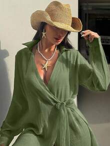 Swim Vcay 纯色交叉裹身优雅和服罩衫，前部系带（前部开口）