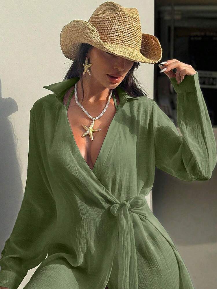 Solid Color Crossed Wrap Elegant Kimono Cover Up With Tie Front (Open Front)