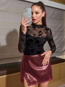 Lavishia Red Short Bodycon Skirt For Women Polyester Party Wear With Zipper Closure And Lace Details - Red - View 5