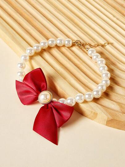 PETSIN 1件宠物猫珍珠项链，可爱珍珠蝴蝶结项圈，适合猫狗佩戴，宠物圣诞装饰项链