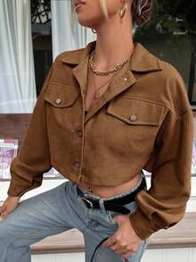 SHEIN EZwear Drop Shoulder Flap Detail Crop Corduroy Jacket In Fall/Winter
