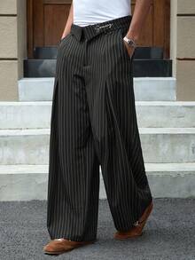 SWAVVY 男士条纹直筒宽松休闲裤，带口袋 - 黑色 - 查看 5