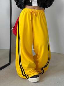 POPSWAY Quần nỉ sọc vàng phong cách thể thao rộng rãi cho nữ, quần ống rộng cạp cao có dây rút, mùa thu 2025 - Màu vàng - Xem 6