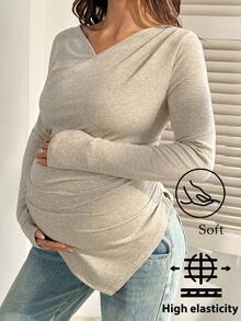 SHEIN 孕妇纯色V领长袖褶皱休闲修身T恤